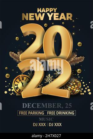 felice anno nuovo 2022. Sfondo scuro scritta in oro. Banner verticale, poster, sito web di intestazione. Disegno vettoriale Illustrazione Vettoriale