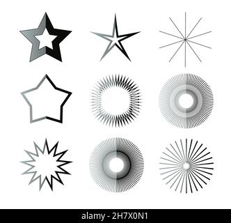 Set di illustrazioni a forma di stella in bianco e nero. Diverse forme a stella isolate su sfondo bianco Foto Stock