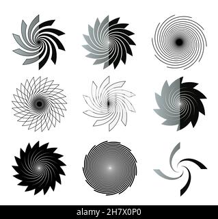 Le forme a vortice bianco e nero sono isolate su sfondo bianco. Set di illustrazioni tematiche Foto Stock