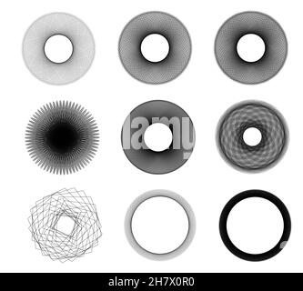 Forme sferiche astratte isolate su sfondo bianco. Set di illustrazioni in bianco e nero Foto Stock