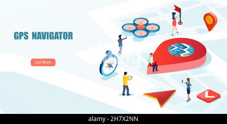 Concetto di supporto del sistema di navigazione o tracciamento GPS per la landing page del vettore isometrico Illustrazione Vettoriale