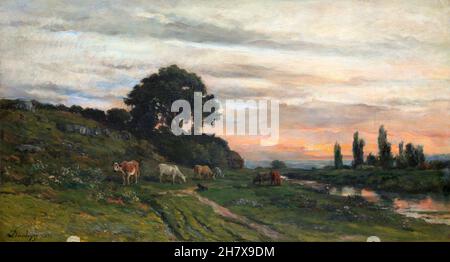 Paesaggio con bestiame da un torrente dell'artista francese, Charles-Francois Daubigny (1817-1878), olio su legno, 1872 Foto Stock