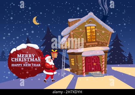 Babbo Natale con grande sacco di regali consegna regali . Paesaggio invernale notturno, noel. Poster di illustrazione vettoriale, stile cartoon biglietto d'auguri Illustrazione Vettoriale