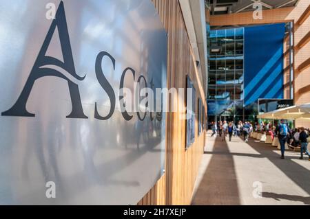 Ascot Racecourse, Royal Berkshire, Regno Unito. Persone, visitatori, logo in atrio con area caffè e luce del sole che scorre attraverso l'architettura aperta Foto Stock