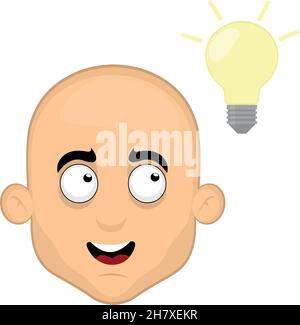 Illustrazione vettoriale del volto di un uomo calvo che osserva una lampadina, in concetto di idea o creatività Illustrazione Vettoriale