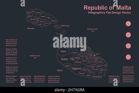 Infografica Mappa Malta contorno, disegno piatto, colore blu arancione vettore Illustrazione Vettoriale