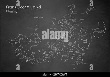 Franz Josef Land mappa, separa regioni e nomi, design scheda lavagna, chalkboard vettore Illustrazione Vettoriale