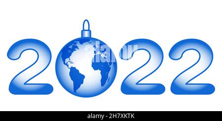 Numero di Capodanno 2022 con sfera a globo. Elementi di questa immagine forniti dalla NASA. Fonte della mappa: http://visibleearth.nasa.gov/view.php?id=74518 Illustrazione Vettoriale