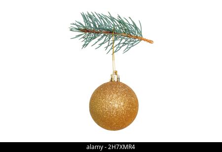 Sfera d'oro splendente di Natale appesa ad un ramoscello dell'albero di Natale Foto Stock