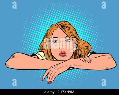 la donna sta sdraiata con la testa sulle mani, guardando dritto Illustrazione Vettoriale