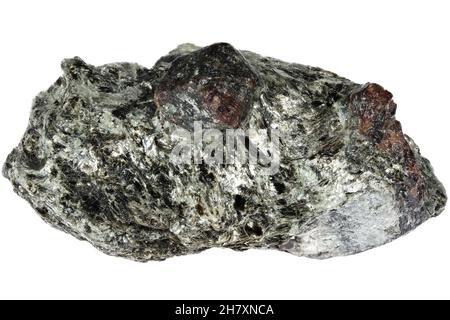 Granata di almandine in mica schist dalla valle di Ziller, Austria isolato su sfondo bianco Foto Stock