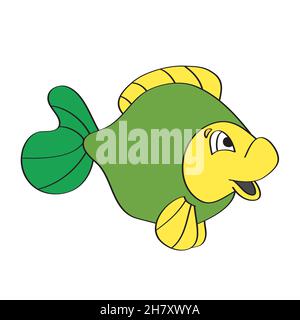 Semplice icona cartoon. Icona vettoriale di carino fumetto sorridente pesce verde su bianco Illustrazione Vettoriale
