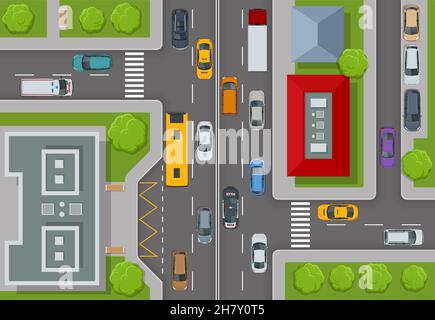 Vista dall'alto della città. Auto, strade, case, strade vista dall'alto. Visualizza l'infrastruttura cittadina. Strade, case, edifici, strade, crocevia, alberi, automobili. Illustrazione Vettoriale