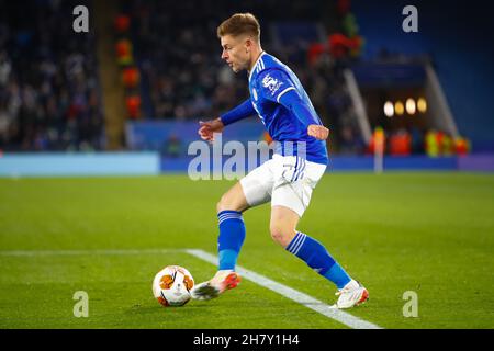 Leicester, Regno Unito. 25 Nov 2021. 25 novembre 2021; King Power Stadium, Leicester, Leicestershire, Inghilterra; Europa League Football Leicester City Versus Legia Warsaw; Harvey Barnes of Leicester City Credit: Action Plus Sports Images/Alamy Live News Foto Stock