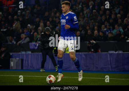 Leicester, Regno Unito. 25 Nov 2021. Il centrocampista di Leicester City Harvey Barnes (7) durante la partita di gruppo UEFA Europa League tra Leicester City e Legia Warsaw al King Power Stadium di Leicester, Inghilterra, il 25 novembre 2021. Foto di Jurek Biegus. Solo per uso editoriale, licenza richiesta per uso commerciale. Nessun utilizzo nelle scommesse, nei giochi o nelle pubblicazioni di un singolo club/campionato/giocatore. Credit: UK Sports Pics Ltd/Alamy Live News Foto Stock