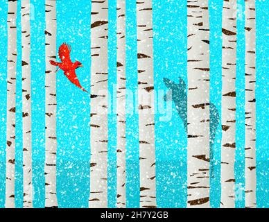 Un uccello cardinale rosso e un cervo di coda bianca sono visti tra gli alberi di betulla di carta durante una tempesta di neve in questa illustrazione 3-d. Foto Stock