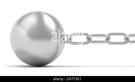 Sfera e catena isolate su sfondo bianco. illustrazione 3d. Foto Stock