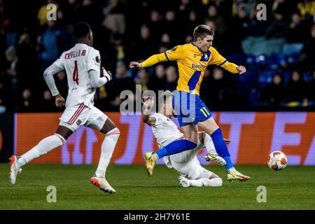 Broendby, Danimarca. 25 Nov 2021. Mikael Uhre (11) di Broendby SE visto durante la partita della UEFA Europa League tra Broendby IF e Lione al Broendby Stadion di Broendby a Broendby. (Photo Credit: Gonzales Photo/Alamy Live News Foto Stock