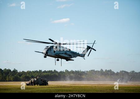 Gli airmen dell'820° base Defense Group, della 93d Air Ground Operations Wing e i soldati del centro di addestramento del Guerriero della Guardia Nazionale dell'Esercito si preparano ad agganciare un veicolo a ruote multiuso ad alta mobilità su un elicottero del corpo Marino CH-53 "Super Stallion" alla Moody Air Force base, Georgia, 17 novembre 2021. La 93d Air Ground Operations Wing, il Marine Heavy Helicopter Squadron 366 e il Army National Guard Warrior Training Center hanno condotto una formazione sul carico delle imbracature per esercitarsi con un efficiente prelievo aereo e consegna. (STATI UNITI Air Force foto di 1 Lt. Katie Tamesis) Foto Stock