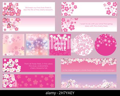 Set di Cherry Blossom sfondi, Banners, e carte isolate su uno sfondo semplice. Illustrazione vettoriale. Illustrazione Vettoriale