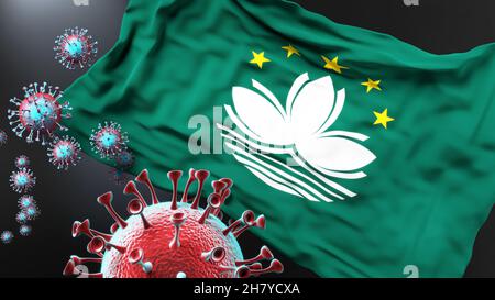 Macao e la pandemia covida-il virus della corona che attacca la bandiera nazionale di Macao per simboleggiare la lotta, la lotta e la presenza del virus in questo paese; Foto Stock