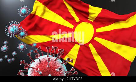 Repubblica di Macedonia del Nord e la pandemia covida - il virus corona che attacca la sua bandiera nazionale per simbolizzare la lotta con il virus in questo paese, 3d il Foto Stock