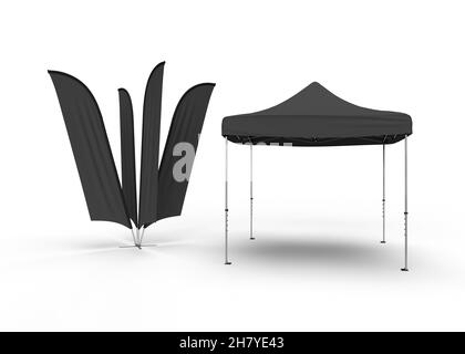 Pubblicità promozionale Outdoor Event Trade Show Pop-Up Tent. Modello di mockup. Isolato su sfondo bianco con un gruppo di bandiere di bandiera. Foto Stock