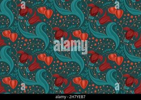 Modello senza cuciture con fiori, bacche su rametti e physalis. Ornamento floreale su sfondo blu. Texture vettoriale naturale con bouquet disegnati a mano Illustrazione Vettoriale