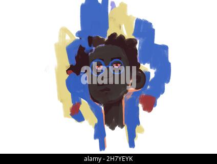 Ritratto energico nero giovane uomo con vetro solare blu pittura moderna con forma e spot e splash, quadro, pittura moderna e graffiti. Creativa Foto Stock