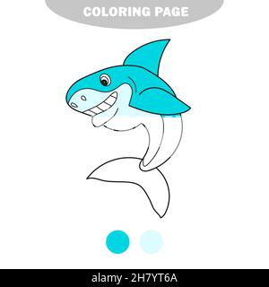 Semplice pagina da colorare. Cartoon bianco e nero Illustrazione di Shark Fish Sea Life Animal. Immagine a metà vernice con campioni di colore Illustrazione Vettoriale