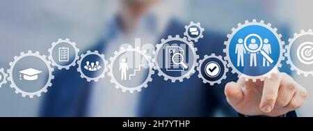 Concetto di ricerca di lavoro, ricerca di testa e processo di reclutamento. Icone per le abilità, l'istruzione, la qualificazione, l'intervista e l'applicazione all'interno di Gears. Assunzione di un Foto Stock