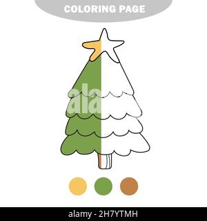 Semplice pagina da colorare. Albero di Capodanno da colorare, il libro da colorare per bambini prescolare con livello facile. Immagine a metà vernice con campioni di colore Illustrazione Vettoriale