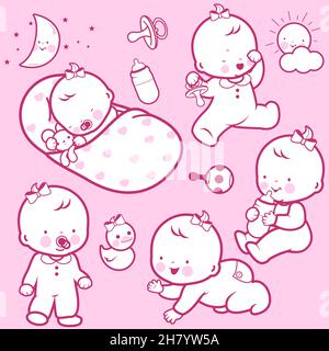 La routine quotidiana dei bambini. I bambini dormono, giocano, camminano, bevono latte e strisciano. Bambini piccoli, ragazzi e ragazze carini. Foto Stock