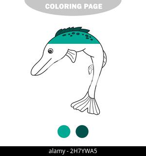 Semplice pagina da colorare. Luccio stilizzato un pesce predatore d'acqua dolce di lunga corporatura. Immagine a metà vernice con campioni di colore Illustrazione Vettoriale