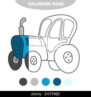 Semplice pagina da colorare. Libretto di colori della vista laterale del trattore. Line Art per bambini. Immagine a metà vernice con campioni di colore Illustrazione Vettoriale