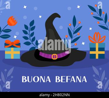 Buona Befana significa felice Epifania tradizione natalizia in Italia cappello da strega e modello di accessori di Natale per il tuo design. Illustrazione vettoriale Illustrazione Vettoriale