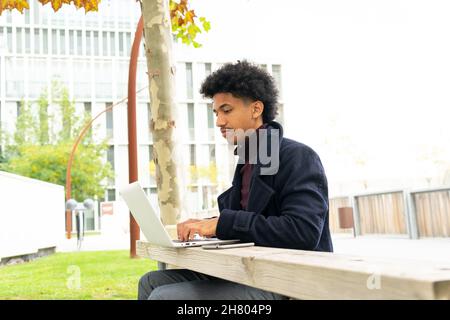 Concentrò African American maschio freelancer che lavora a distanza su netbook sul banco in parco Foto Stock