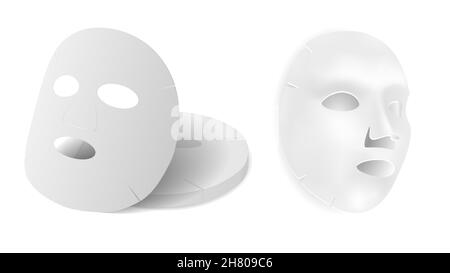 Beauty pack maschera facciale. Disegno del foglio della maschera cosmetica, illustrazione vettoriale isolata su sfondo bianco. Maschera collagene maschera di umidità, pelle trasparente auto Illustrazione Vettoriale