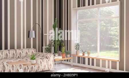 Interno del soggiorno appartamento con piante decorative e grande finestra e vuoto muro vuoto, 3D rendering Foto Stock