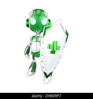 Clipping Path, Green robot Holding Shield, tecnologia di sicurezza digitale, rendering 3D Foto Stock
