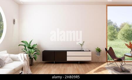 Soggiorno moderno e minimal elegante con mobili e parete vuota per la camera per mock up, 3D rendering Foto Stock
