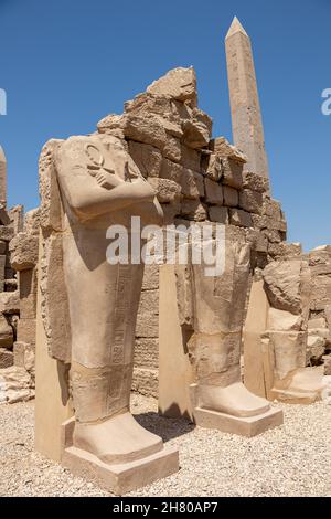 Statue nel tempio di Karnak, Egitto. Il complesso del Tempio di Karnak è costituito da un certo numero di templi, cappelle e altri edifici Foto Stock