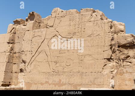 Antichi murales egiziani e scritti sulle pareti in pietra del tempio di Karnak a Luxor Foto Stock