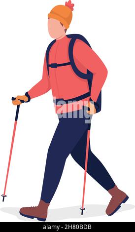 Uomo sul nordic walk semi piatto colore carattere vettoriale Illustrazione Vettoriale