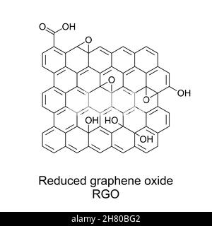 Ossido di grafene ridotto, RGO, formula chimica e struttura. Un nanomateriale, costituito dalla riduzione dell'ossido di grafene. Materiale a strato atomico singolo. Foto Stock