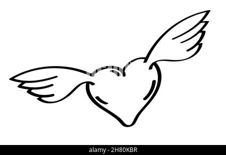 Icona cartoon di doodle ispirato cuore di uomo in amore. Simbolo del cuore con le ali. Vettore isolato su sfondo bianco Illustrazione Vettoriale