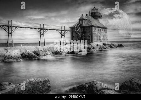 Si tratta del faro e della barriera della Guardia Costiera all'entrata est del canale di escursionisti di Sturgeon Bay che collega Green Bay al lago Michigan in Wi Foto Stock