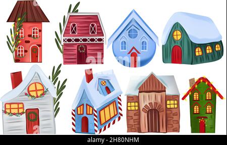 Allestite case di Natale su sfondo bianco. Concetto di Natale e Capodanno. Cute Case di Natale per il vostro disegno. Illustrazione vettoriale. Illustrazione Vettoriale