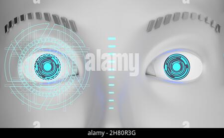 Illustrazione degli occhi del robot cyborg con un pannello digitale. Rendering 3D. Foto Stock