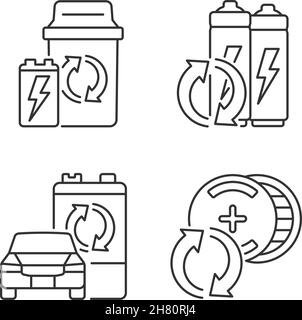 Tipi di batterie riciclabili icone lineari impostate Illustrazione Vettoriale